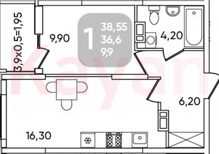 Продажа 2-комн. квартиры, 38.55 кв.м фото 4