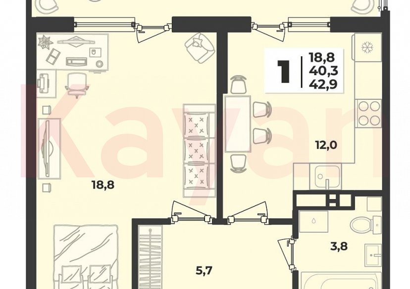 Продажа 1-комн. квартиры, 42.9 кв.м фото 6