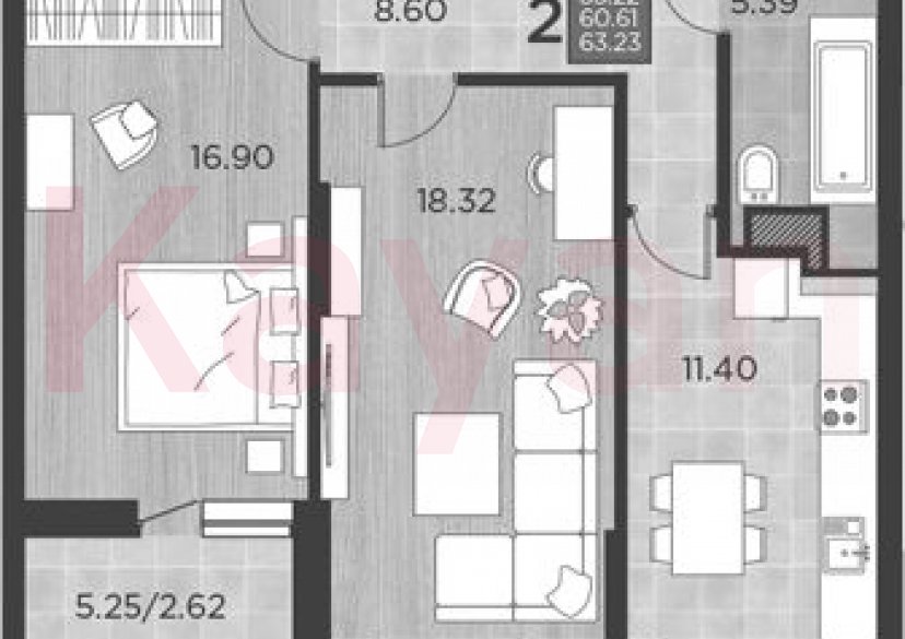 Продажа 2-комн. квартиры, 60.61 кв.м фото 0