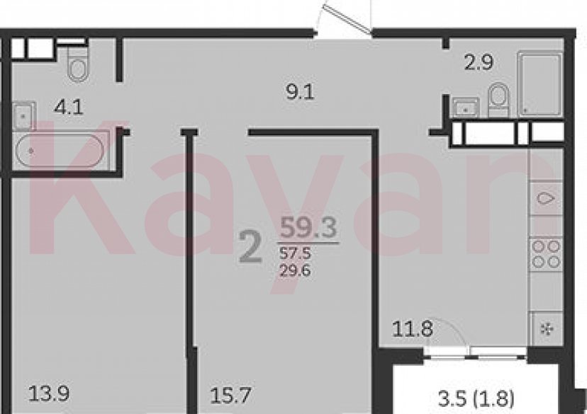 Продажа 2-комн. квартиры, 57.5 кв.м фото 0