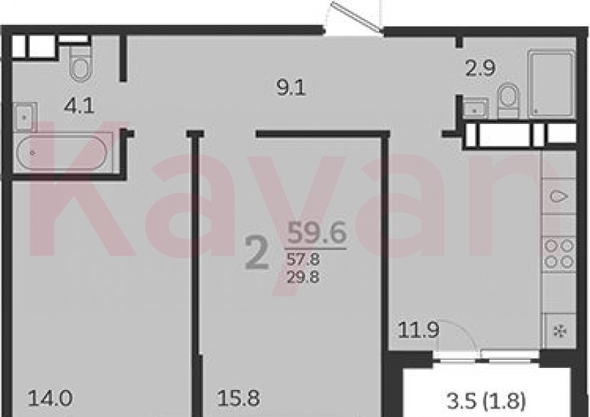 Продажа 2-комн. квартиры, 57.8 кв.м фото 0