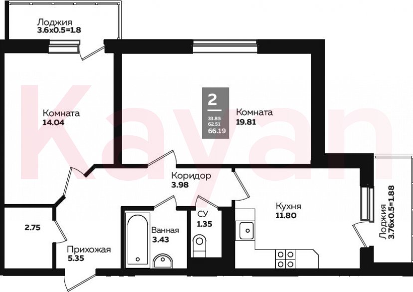 Продажа 2-комн. квартиры, 59.42 кв.м фото 0