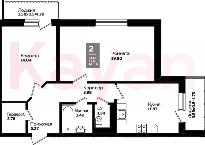 Продажа 2-комн. квартиры, 59.22 кв.м фото 0