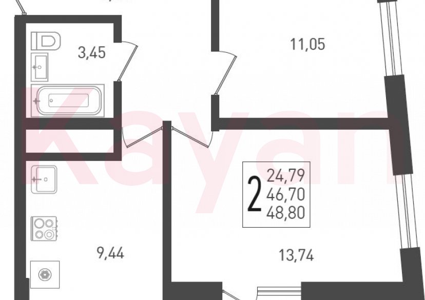 Продажа 2-комн. квартиры, 46.7 кв.м фото 0