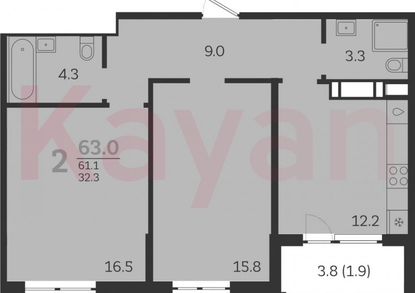 Продажа 2-комн. квартиры, 61.1 кв.м фото 0