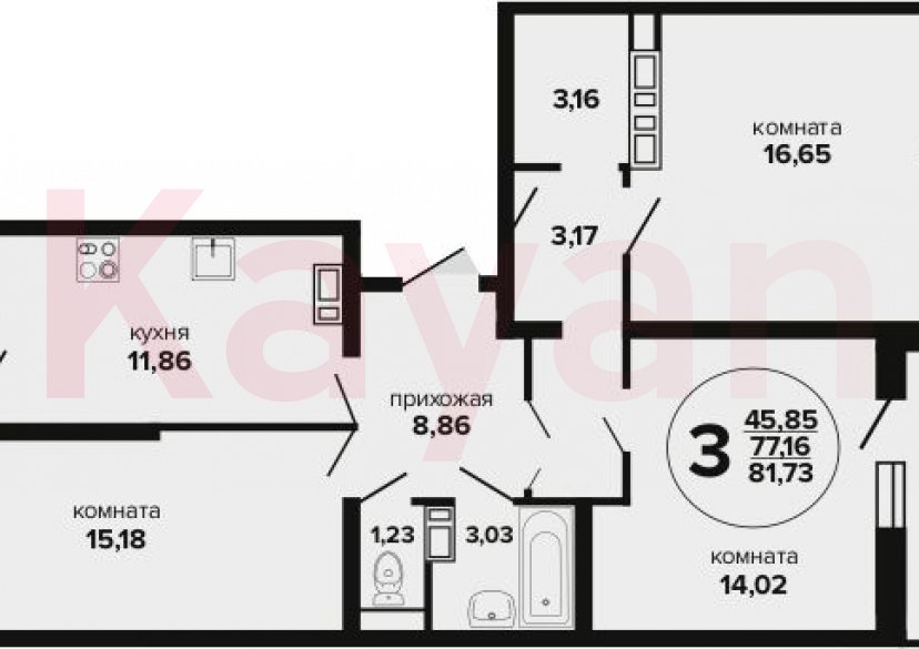 Продажа 3-комн. квартиры, 77.16 кв.м фото 0