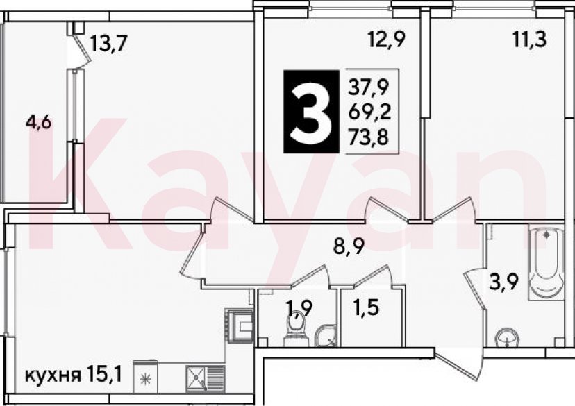 Продажа 3-комн. квартиры, 68.6 кв.м фото 0