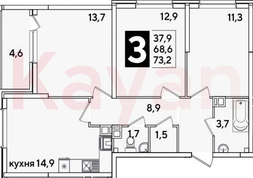 Продажа 3-комн. квартиры, 68.6 кв.м фото 0