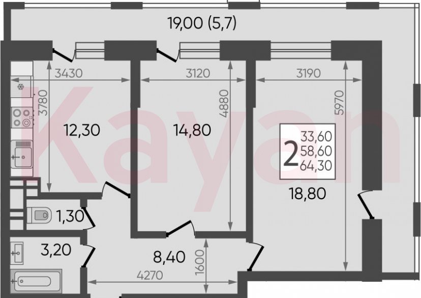 Продажа 2-комн. квартиры, 58.8 кв.м фото 0