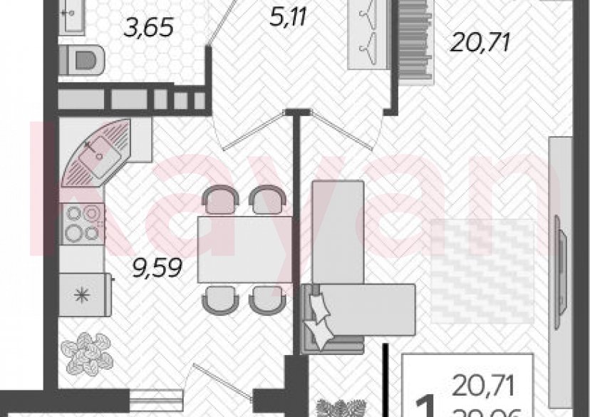 Продажа 1-комн. квартиры, 39.06 кв.м фото 0