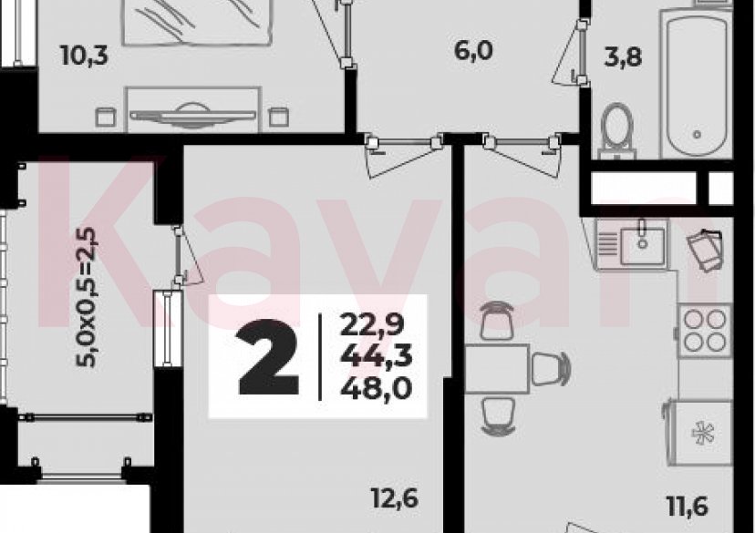 Продажа 2-комн. квартиры, 44.3 кв.м фото 0