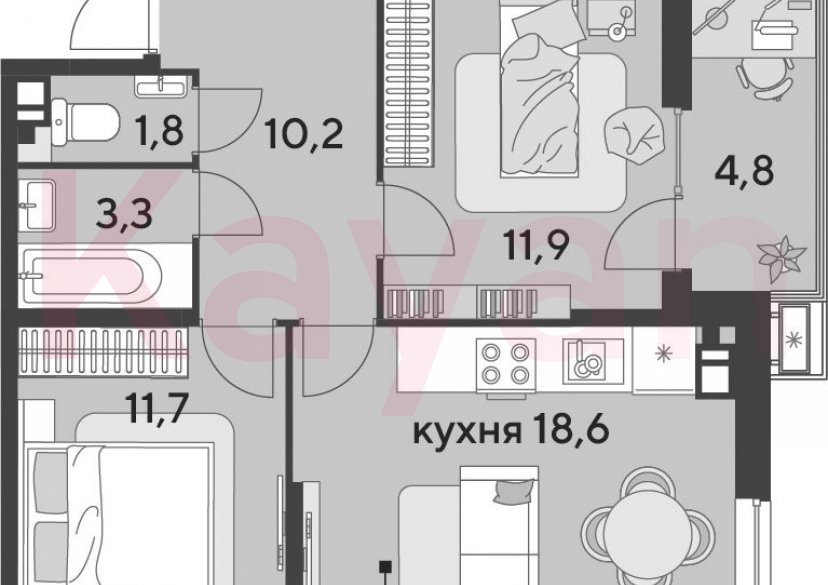 Продажа 3-комн. квартиры, 57.5 кв.м фото 0