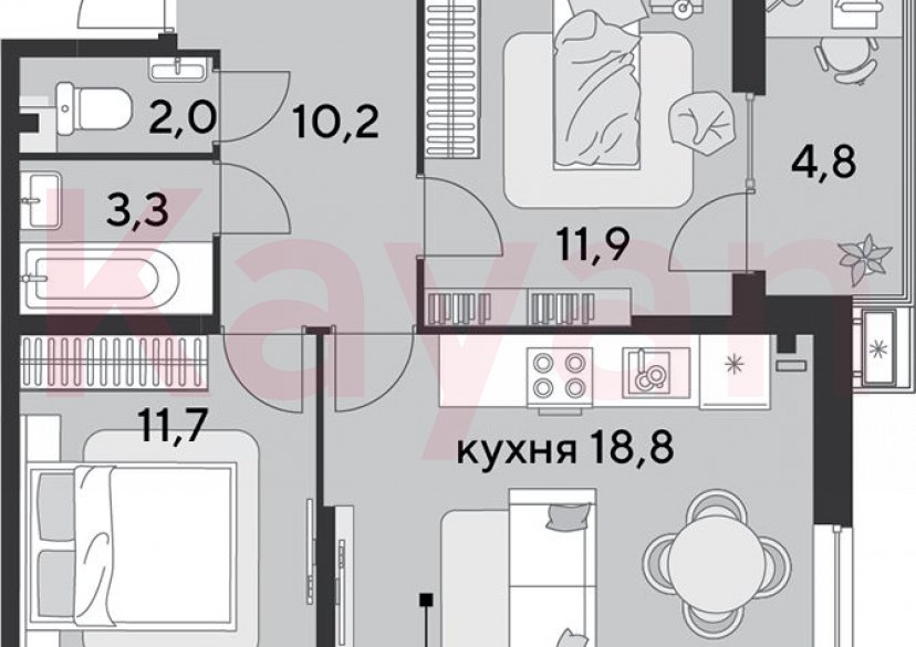 Продажа 3-комн. квартиры, 57.9 кв.м фото 0