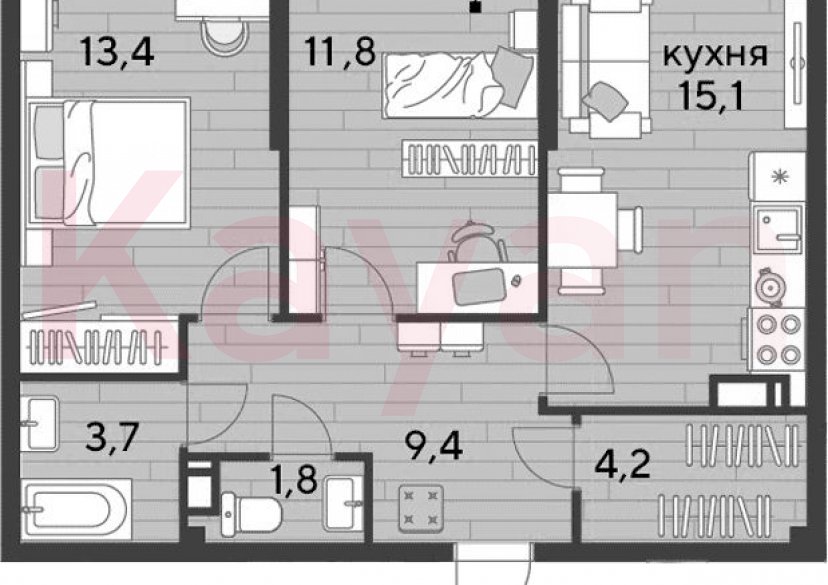 Продажа 2-комн. квартиры, 59.4 кв.м фото 0