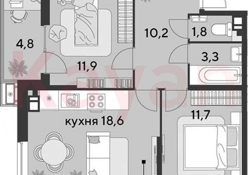 Продажа 3-комн. квартиры, 57.5 кв.м фото 0