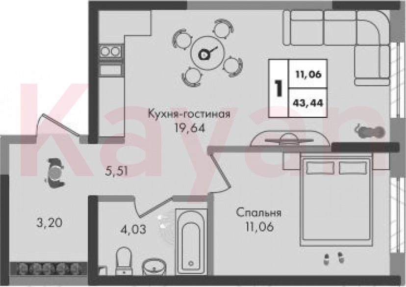 Продажа 1-комн. квартиры, 43.44 кв.м фото 0