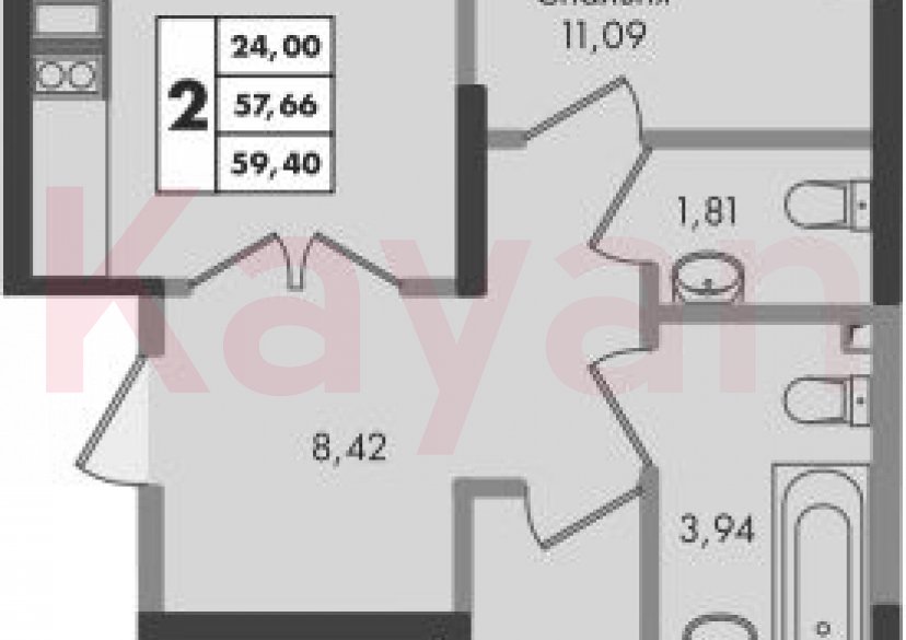 Продажа 2-комн. квартиры, 57.66 кв.м фото 0