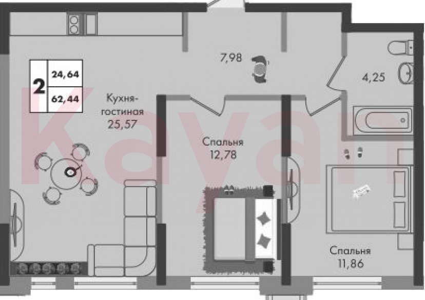 Продажа 2-комн. квартиры, 62.44 кв.м фото 0