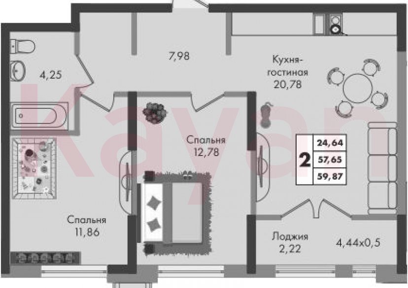 Продажа 2-комн. квартиры, 57.65 кв.м фото 0