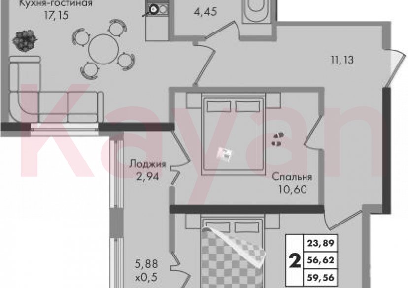 Продажа 2-комн. квартиры, 56.62 кв.м фото 0