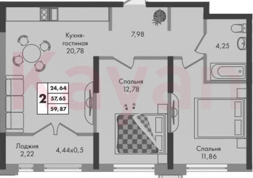 Продажа 2-комн. квартиры, 57.65 кв.м фото 0