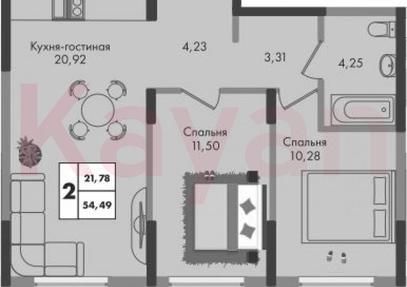 Продажа 2-комн. квартиры, 54.49 кв.м фото 0