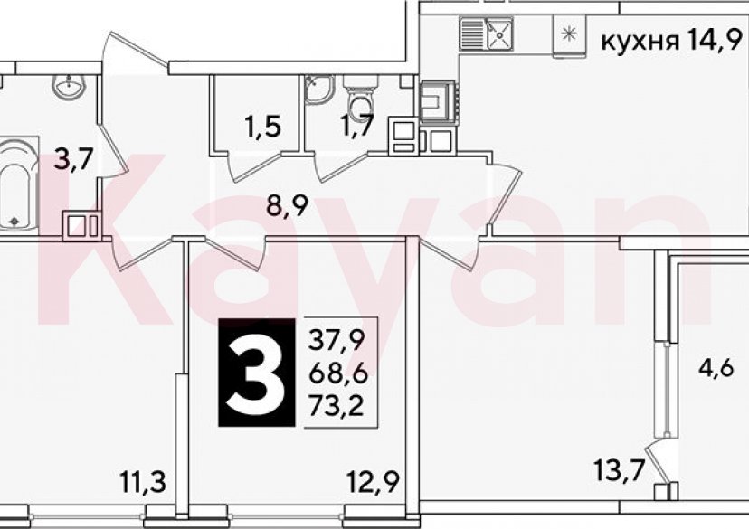 Продажа 3-комн. квартиры, 68.6 кв.м фото 0