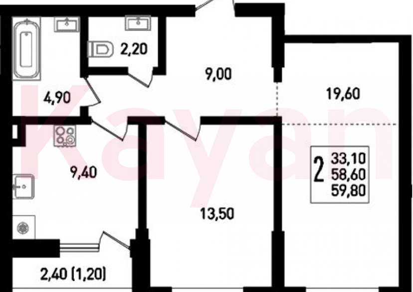 Продажа 2-комн. квартиры, 58.6 кв.м фото 0