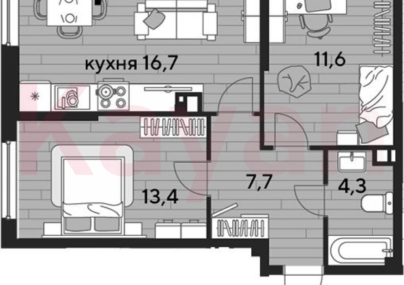 Продажа 2-комн. квартиры, 53.7 кв.м фото 0