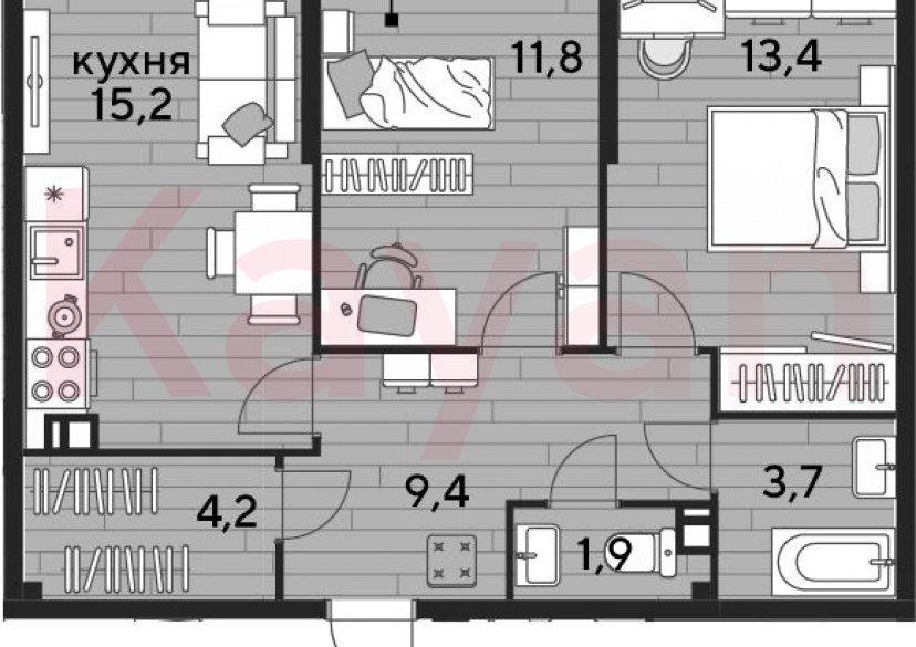 Продажа 2-комн. квартиры, 59.6 кв.м фото 0