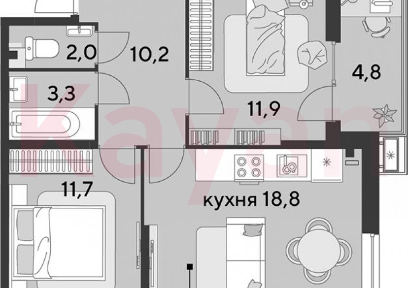 Продажа 3-комн. квартиры, 57.9 кв.м фото 0