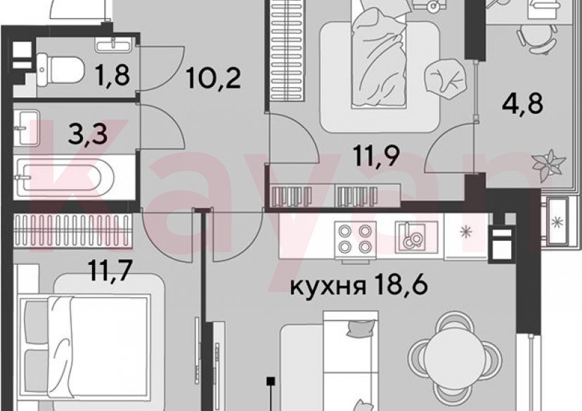 Продажа 3-комн. квартиры, 57.5 кв.м фото 0