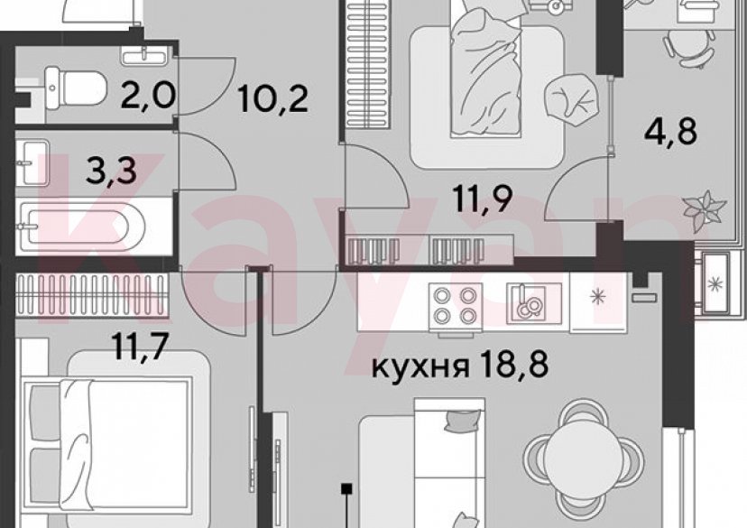 Продажа 3-комн. квартиры, 57.9 кв.м фото 0