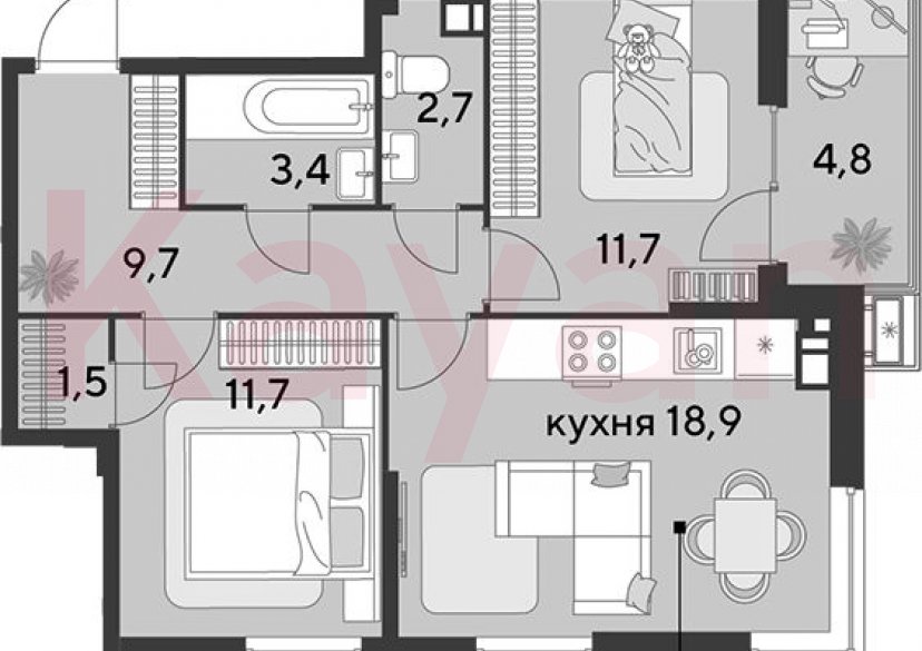 Продажа 3-комн. квартиры, 59.6 кв.м фото 0