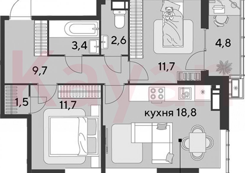 Продажа 3-комн. квартиры, 59.4 кв.м фото 0