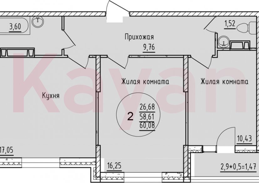 Продажа 2-комн. квартиры, 58.61 кв.м фото 0