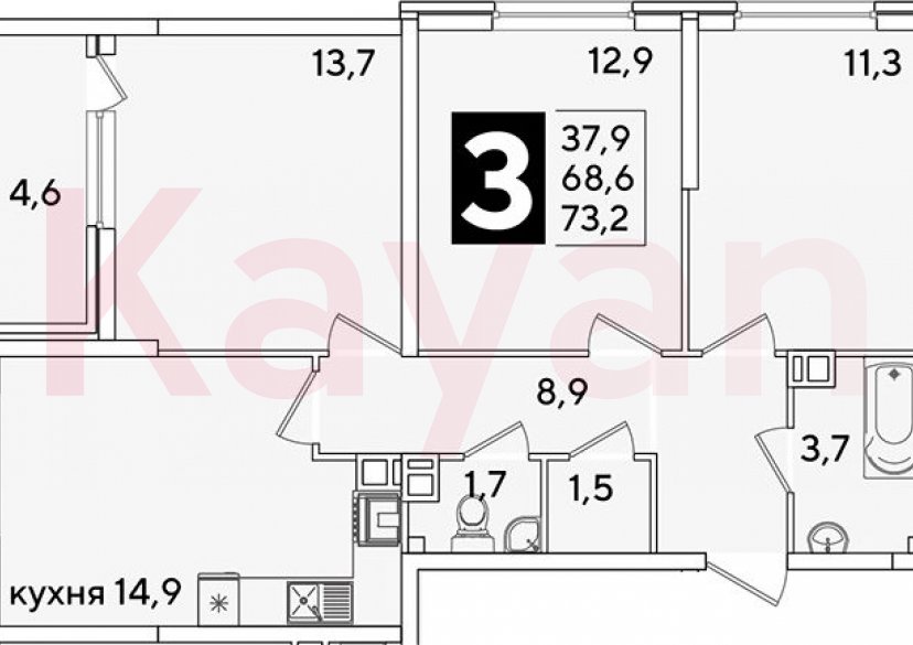 Продажа 3-комн. квартиры, 68.6 кв.м фото 0