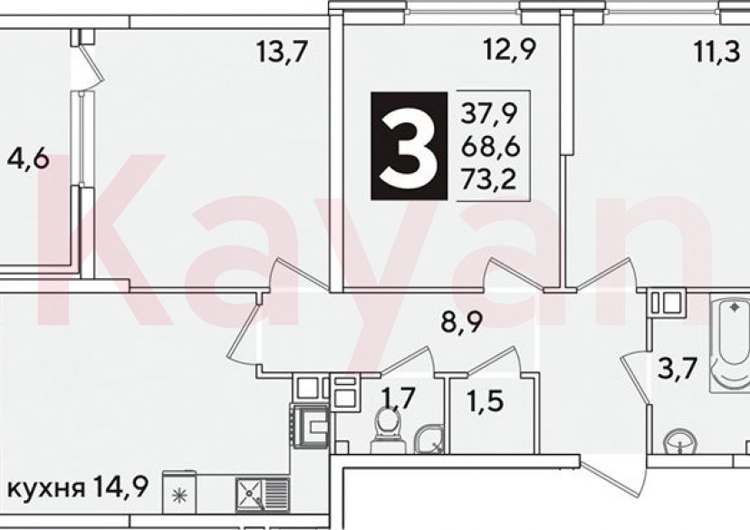 Продажа 3-комн. квартиры, 68.6 кв.м фото 0