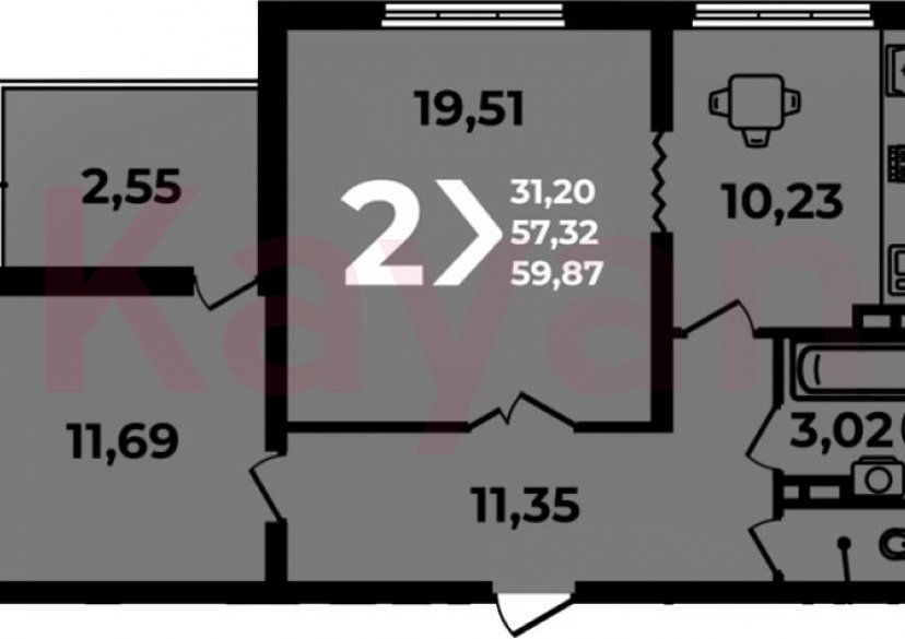 Продажа 2-комн. квартиры, 57.32 кв.м фото 0