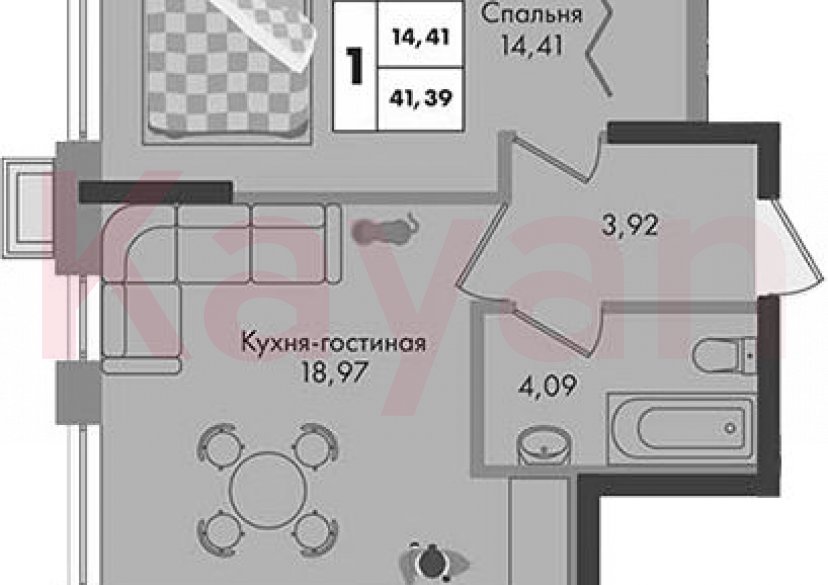 Продажа 1-комн. квартиры, 41.39 кв.м фото 0