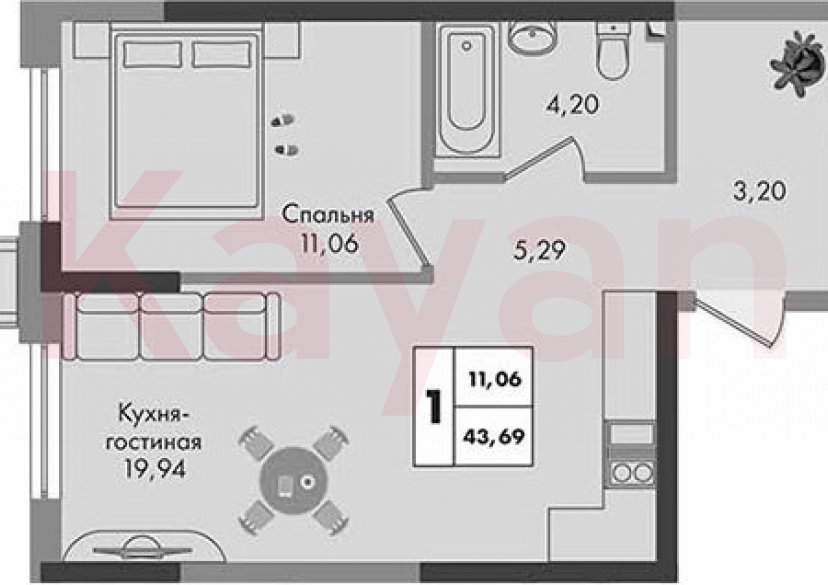 Продажа 1-комн. квартиры, 43.69 кв.м фото 0