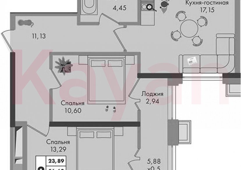 Продажа 2-комн. квартиры, 56.62 кв.м фото 0