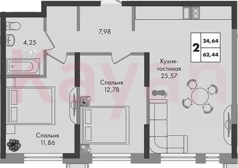 Продажа 2-комн. квартиры, 62.44 кв.м фото 0