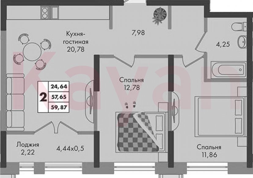 Продажа 2-комн. квартиры, 57.65 кв.м фото 0