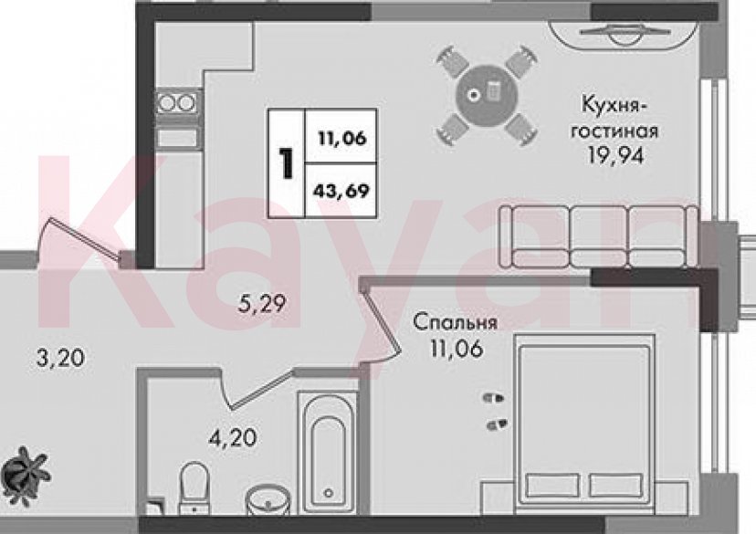 Продажа 1-комн. квартиры, 43.69 кв.м фото 0