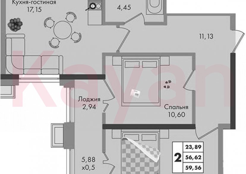 Продажа 2-комн. квартиры, 56.62 кв.м фото 0