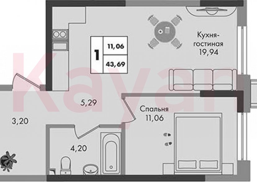 Продажа 1-комн. квартиры, 43.69 кв.м фото 0