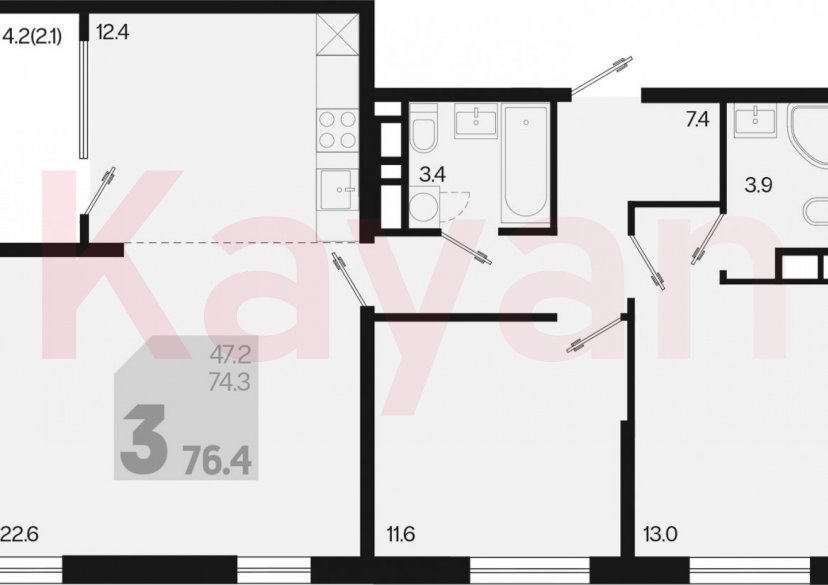 Продажа 3-комн. квартиры, 74.3 кв.м фото 0