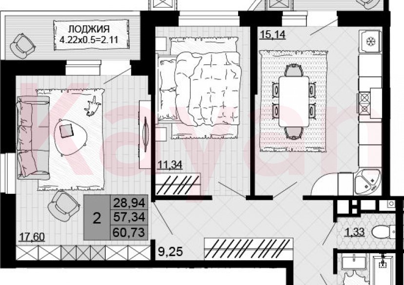 Продажа 2-комн. квартиры, 57.34 кв.м фото 0