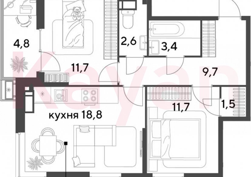 Продажа 3-комн. квартиры, 59.4 кв.м фото 0